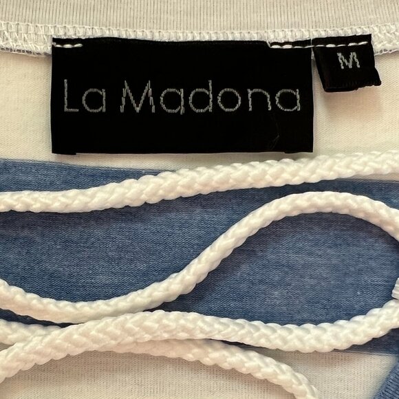La Madona Blue & White Striped V-Neck Tee w/ Lace-Up Detail - Casual Chic! Sz M - Picture 4 of 14